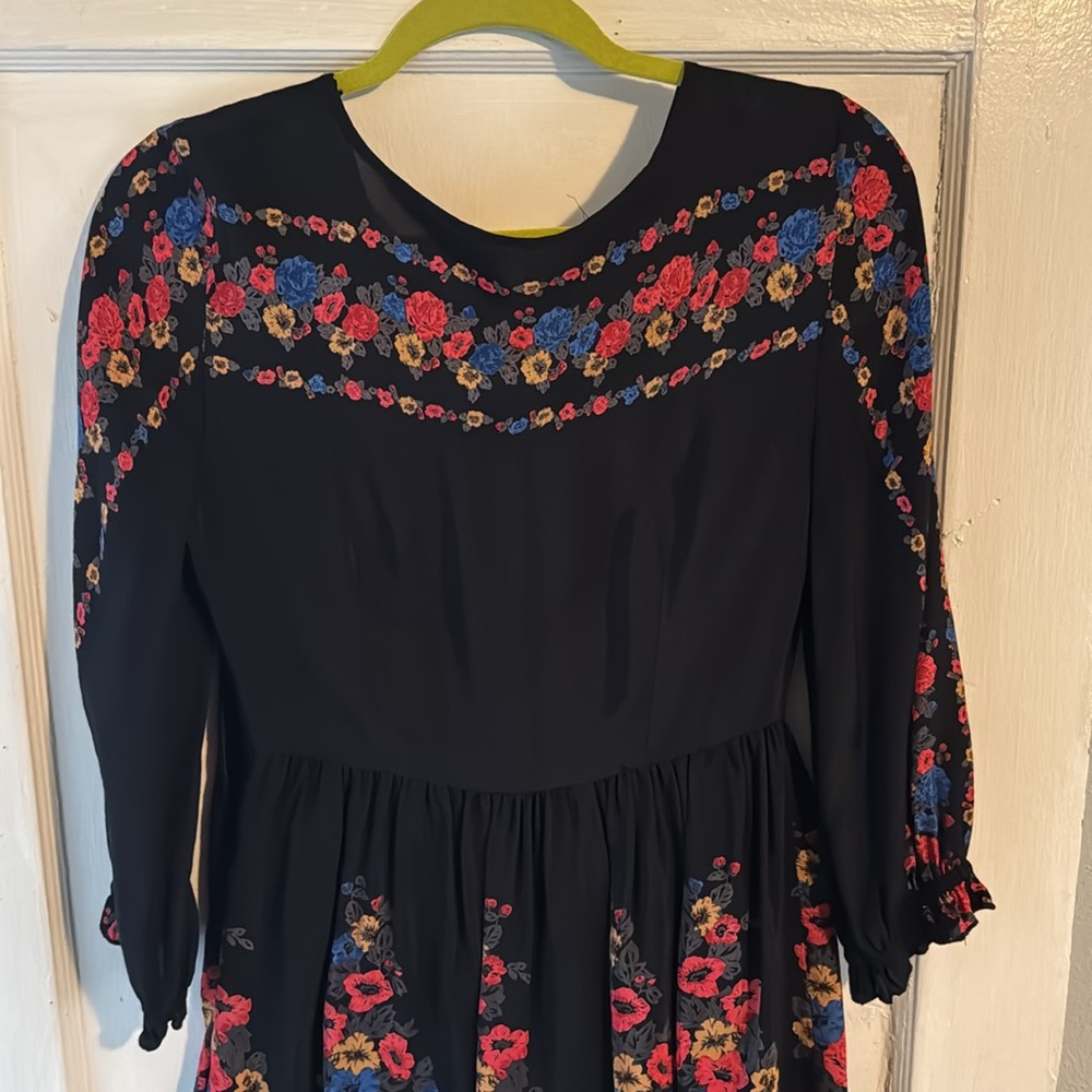 Free People Black Red Floral Long Sleeve Dress
